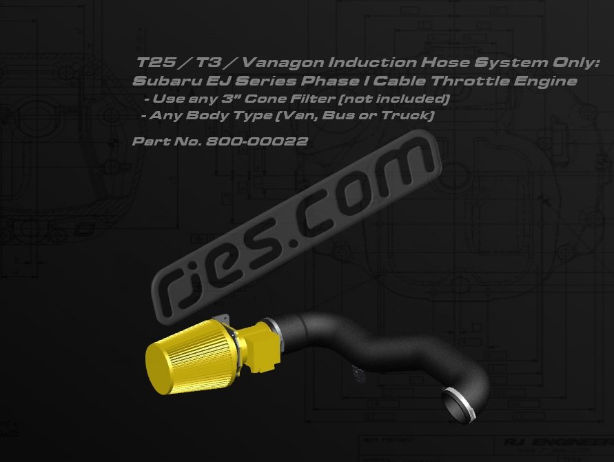 T3 Induction hose kit for Phase I Subaru EJ Series cable throttle engines. Use with your own 3" cone filter and airflow meter. Any VW body type. All parts included except those shown in yellow
