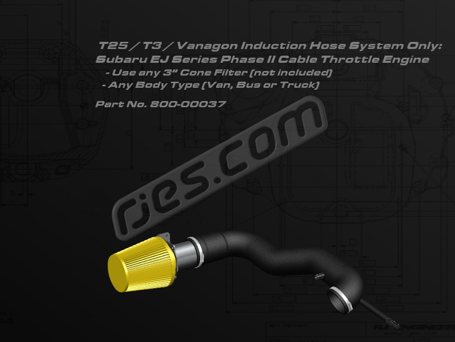 T3 Induction hose kit for Phase II Subaru EJ Series, use with your own 3" cone filter. Any VW body type. All parts included except those shown in yellow