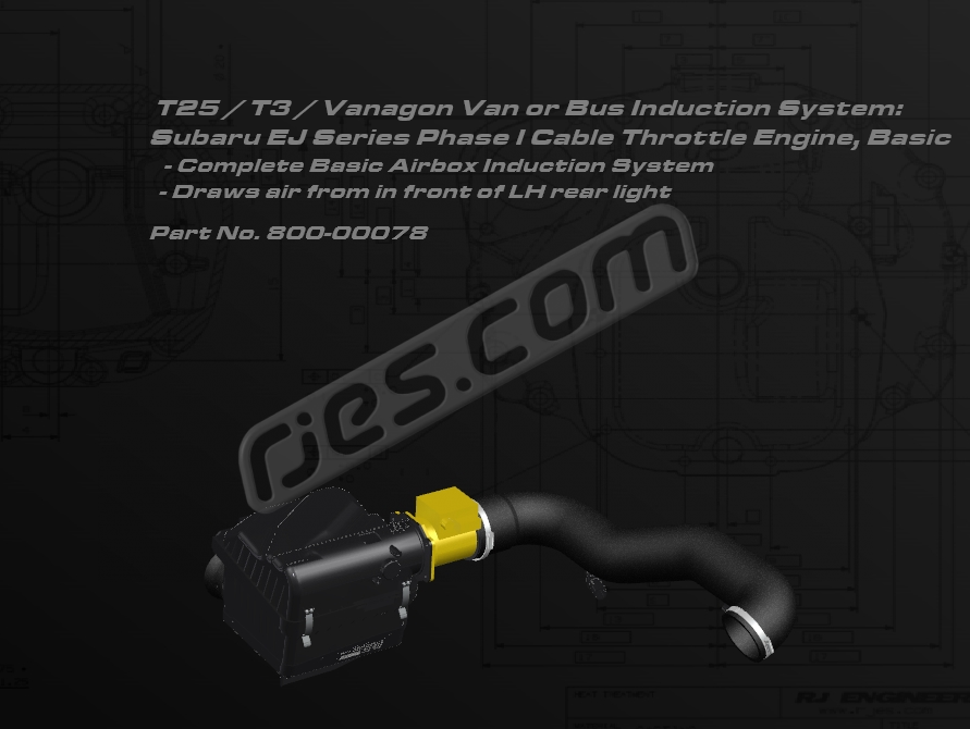 T3 Van / Bus Induction air filter box and hose kit, basic. For Phase I Subaru EJ Series cable throttle engines. Draws air front in front of LH rear light. All parts included except those shown in yellow