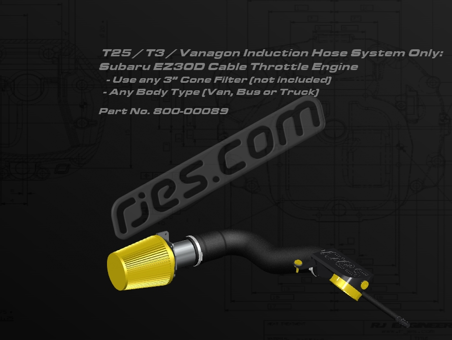 T3 Induction hose kit for Subaru EZ30D cable throttle engine. Use with your own 3" cone filter. Any VW body type. All parts included except those shown in yellow