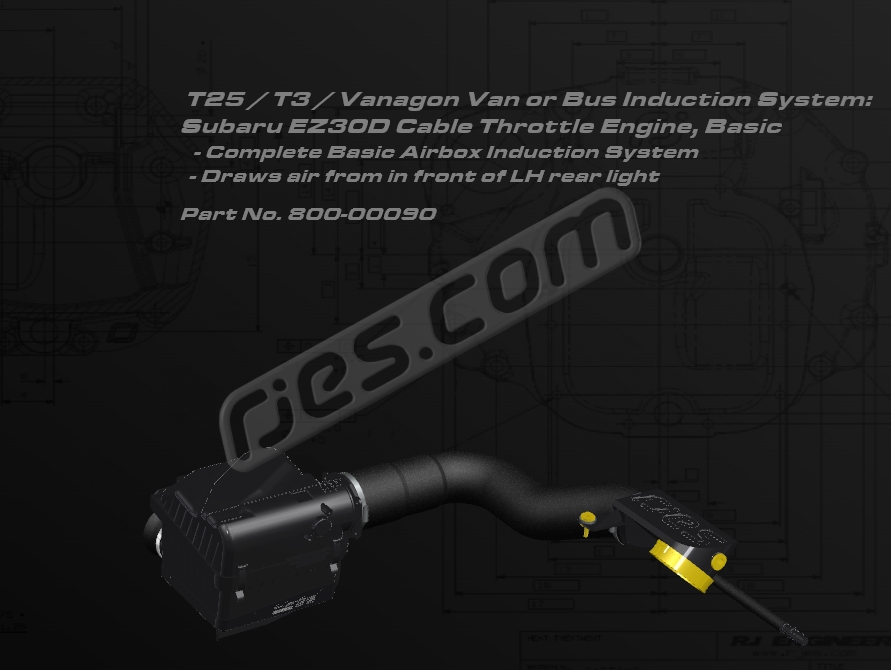 T3 Van / Bus Induction air filter box and hose kit, basic. For Subaru EZ30D cable throttle engine. Draws air front in front of LH rear light. All parts included except those shown in yellow