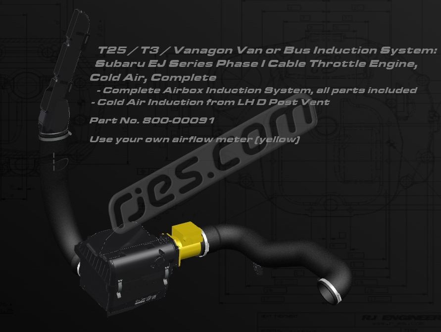 T3 Van / Bus Induction air filter box and hose kit, cold air. For Phase I Subaru EJ Series, use with your own airflow meter. Draws air from LH D post vent. All parts included except those shown in yellow