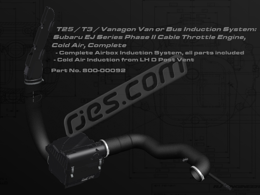 T3 Van / Bus Induction air filter box and hose kit, cold air. For Phase II Subaru EJ Series. Draws air from LH D post vent. All parts included