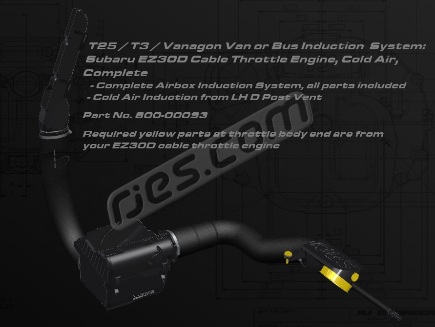 T3 Van / Bus Induction air filter box and hose kit, cold air. For Subaru EZ30D cable throttle engine. Draws air from LH D post vent. All parts included except those shown in yellow except those shown in yellow