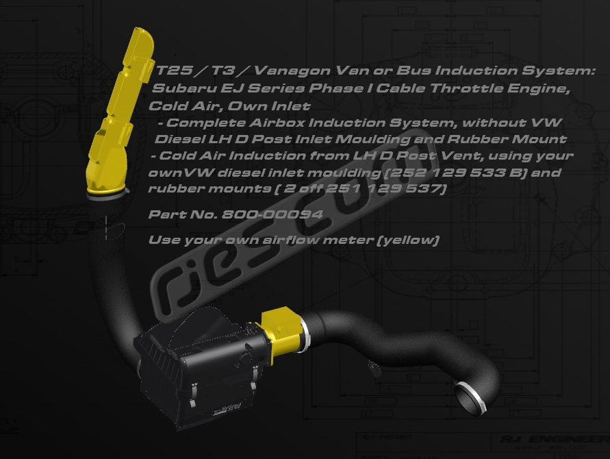 T3 Van / Bus Induction air filter box and hose kit, cold air. For Phase I N/A Subaru EJ Series. Draws air from LH D post vent. Use your own airflow meter and VW diesel inlet snorkel and rubber mounts