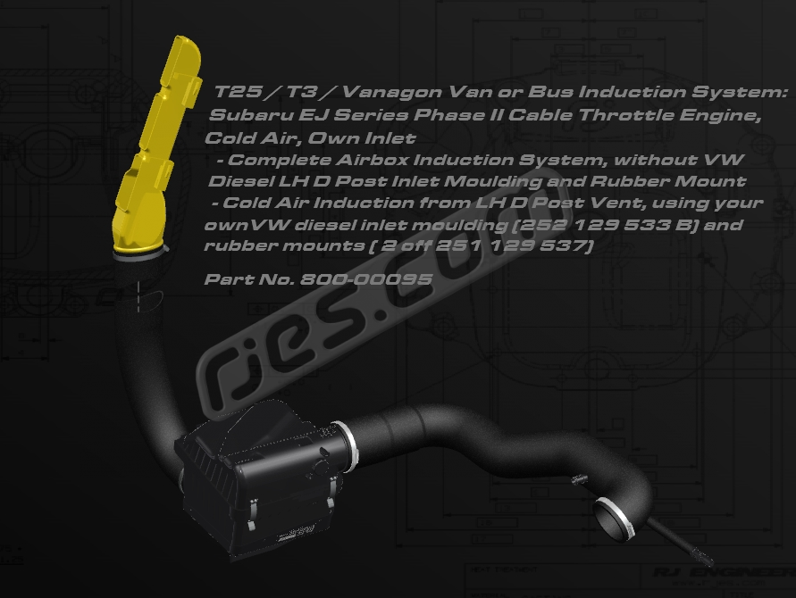 T3 Van / Bus Induction air filter box and hose kit, cold air. For Phase II Subaru N/A EJ Series cable throttle engines. Draws air from LH D post vent. All parts included except those shown in yellow