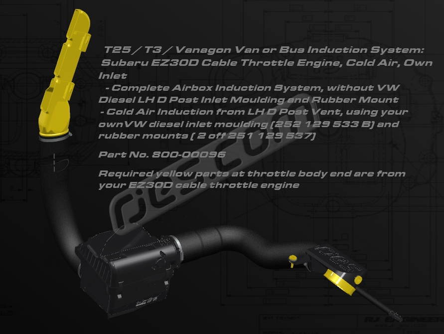T3 Van / Bus Induction air filter box and hose kit, cold air. For Subaru EZ30D cable throttle engines. Draws air from LH D post vent. All parts included except those shown in yellow