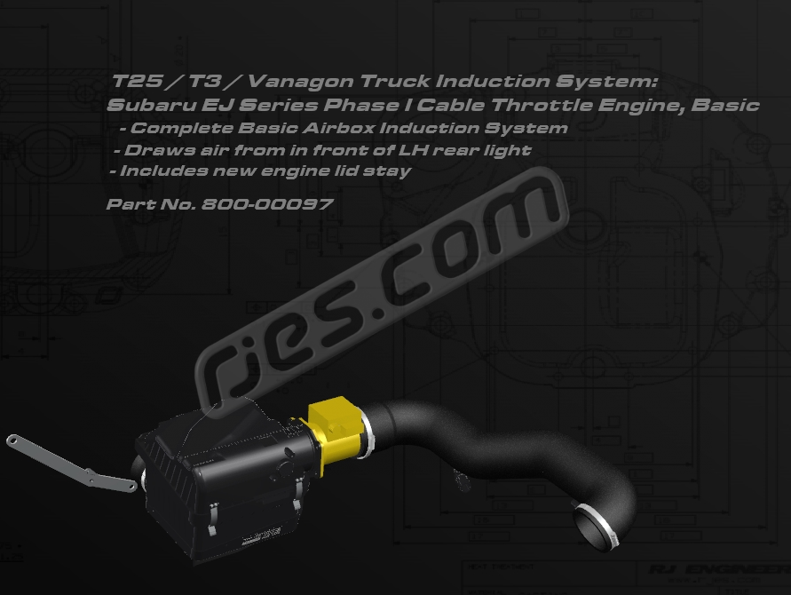 T3 Truck Induction air filter box and hose kit, basic. For Subaru Phase I N/A EJ Series cable throttle engines. Draws air from in front of LH rear light. All parts included except those shown in yellow
