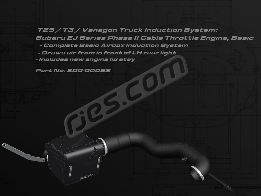 T3 Truck Induction air filter box and hose kit, basic. For Subaru Phase II N/A EJ Series cable throttle engines. Draws air from in front of LH rear light. All Parts included