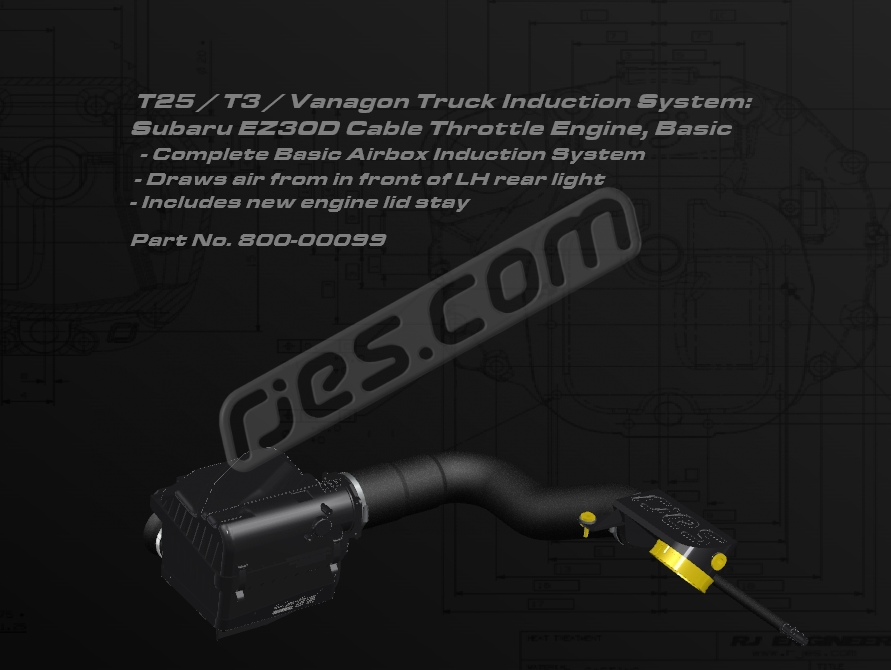 T3 Truck Induction air filter box and hose kit, basic. For Subaru EZ30D cable throttle engines. Draws air from in front of LH rear light. All parts included except those shown in yellow