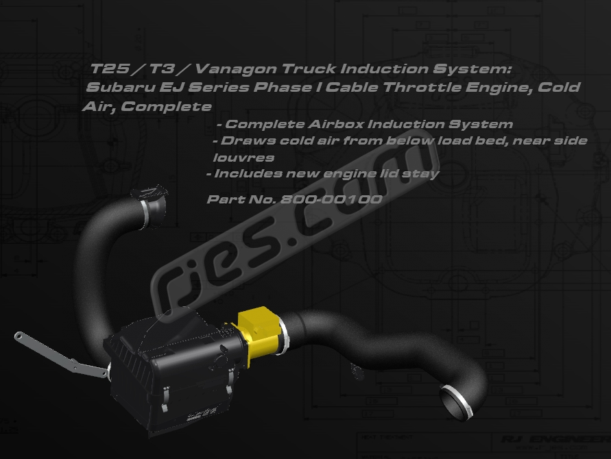 T3 Truck Induction air filter box and hose kit, cold air. For Subaru Phase I N/A EJ Series cable throttle engines. Draws air from below load bed. All parts included except those shown in yellow