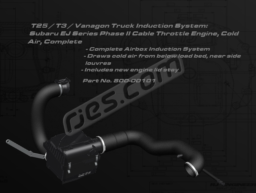T3 Truck Induction air filter box and hose kit, cold air. For Subaru Phase II N/A EJ Series cable throttle engines. Draws air from below load bed. All Parts included