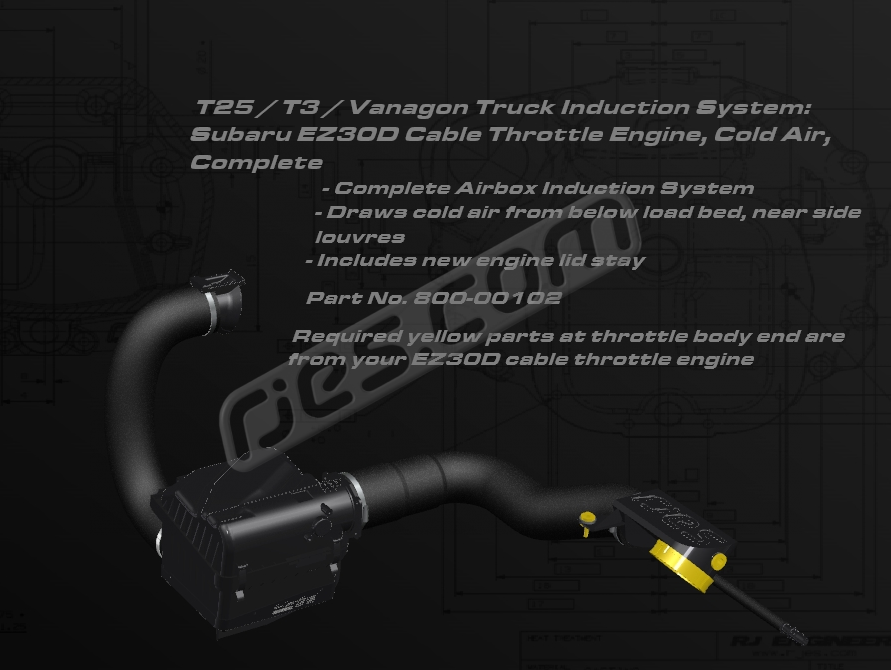 T3 Truck Induction air filter box and hose kit, cold air. For Subaru EZ30D cable throttle engines. Draws air from below load bed. All parts included except those shown in yellow
